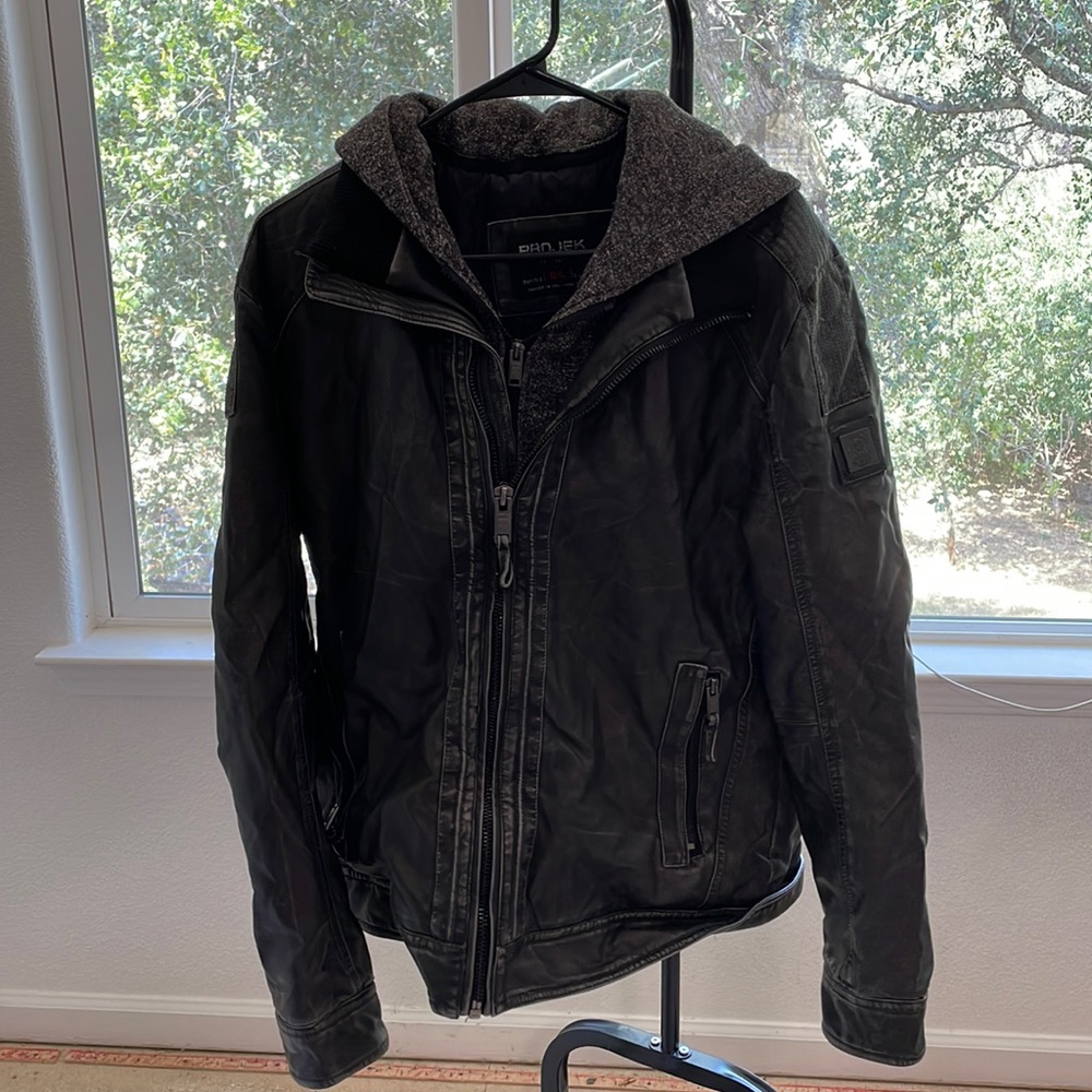Mens large faux leather Projek Raw Bomber Jacket